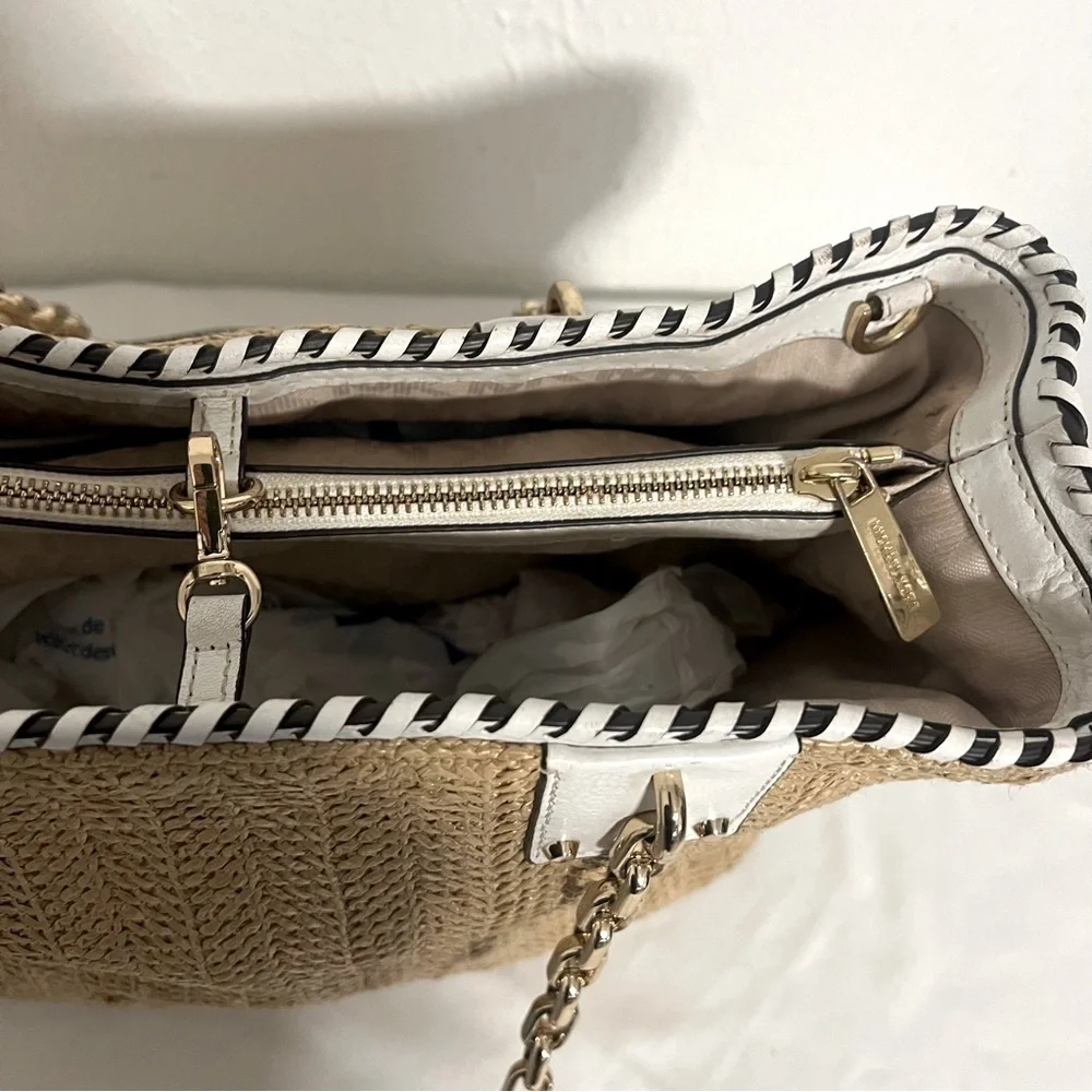 Michael Kors Straw Rosalie Tote EUC Handbag with White Leather Straps and Gold